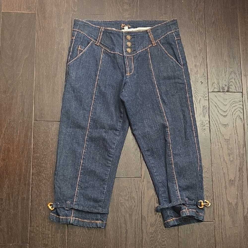 Cache Dark Blue Denim Capris with Gold Buckle Accents